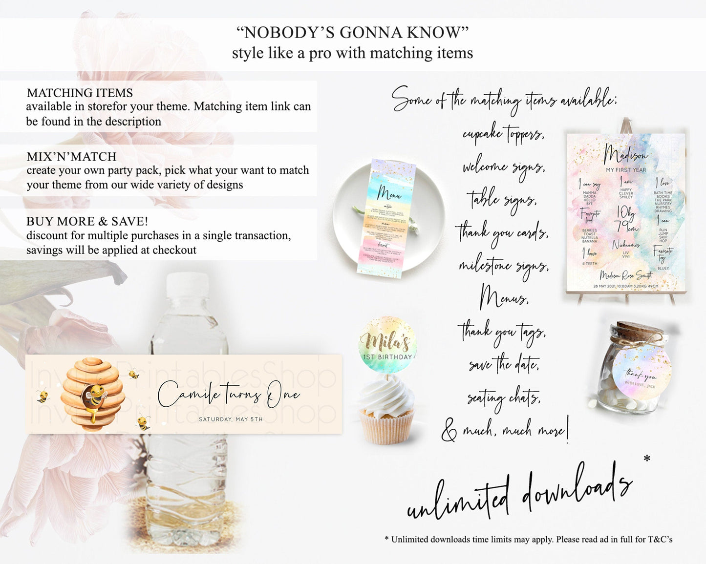 Queen Bee Water Label Template Momma BEE First BEE-DAY Birthday Baby Shower Baptism Wedding Floral Sweet Honey Beehive Party Decor D10754