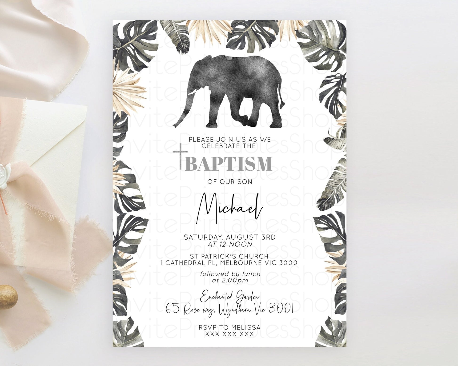 Editable Elephant Baptism Invitation Elephant Baptism 1st Birthday Invitatio