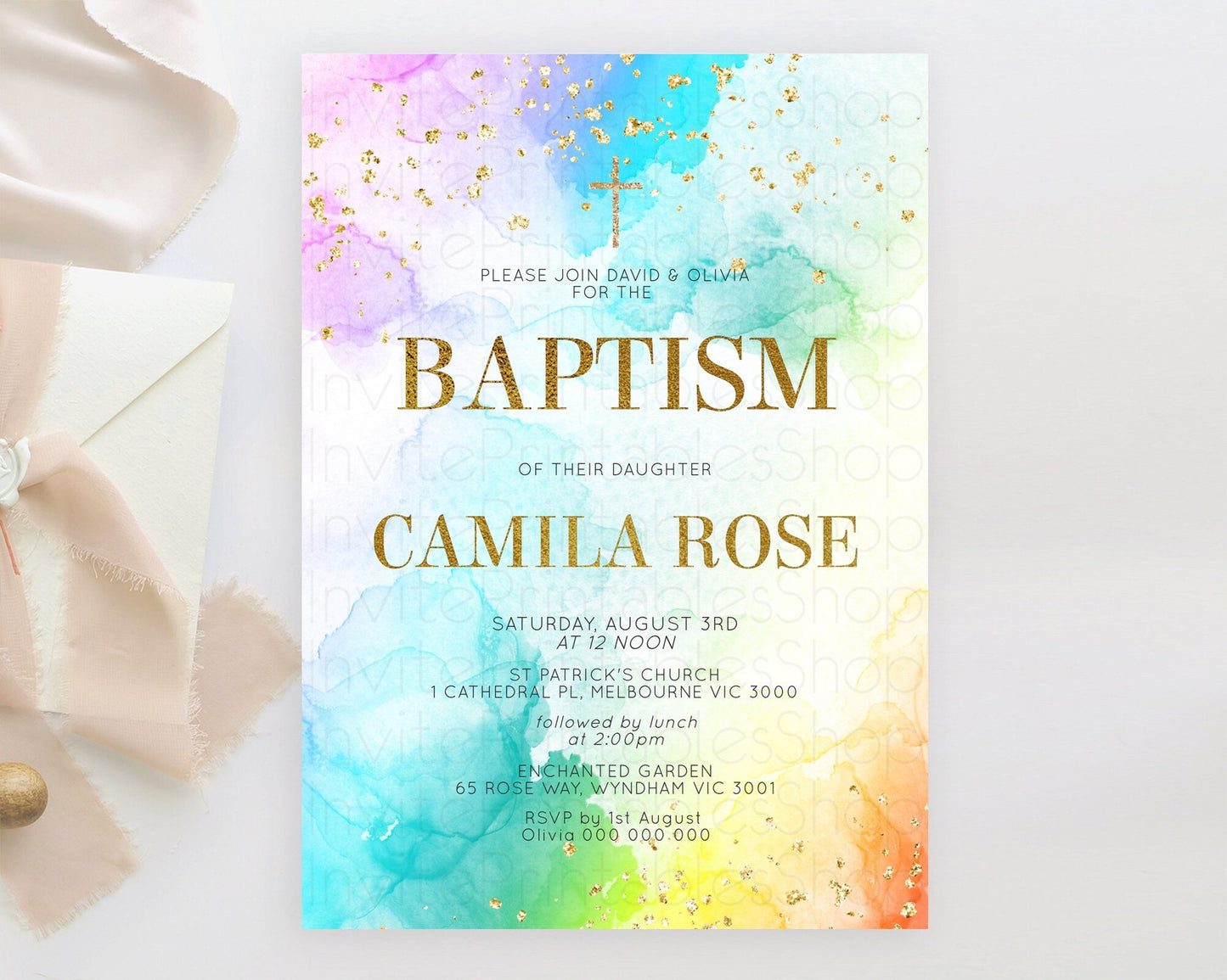 Pastel Baptism Invitation Pastel Colors Watercolor Baptism 1st Birthday Party Gold Ombre Pastel Rainbow Christening Holy Communion D10961