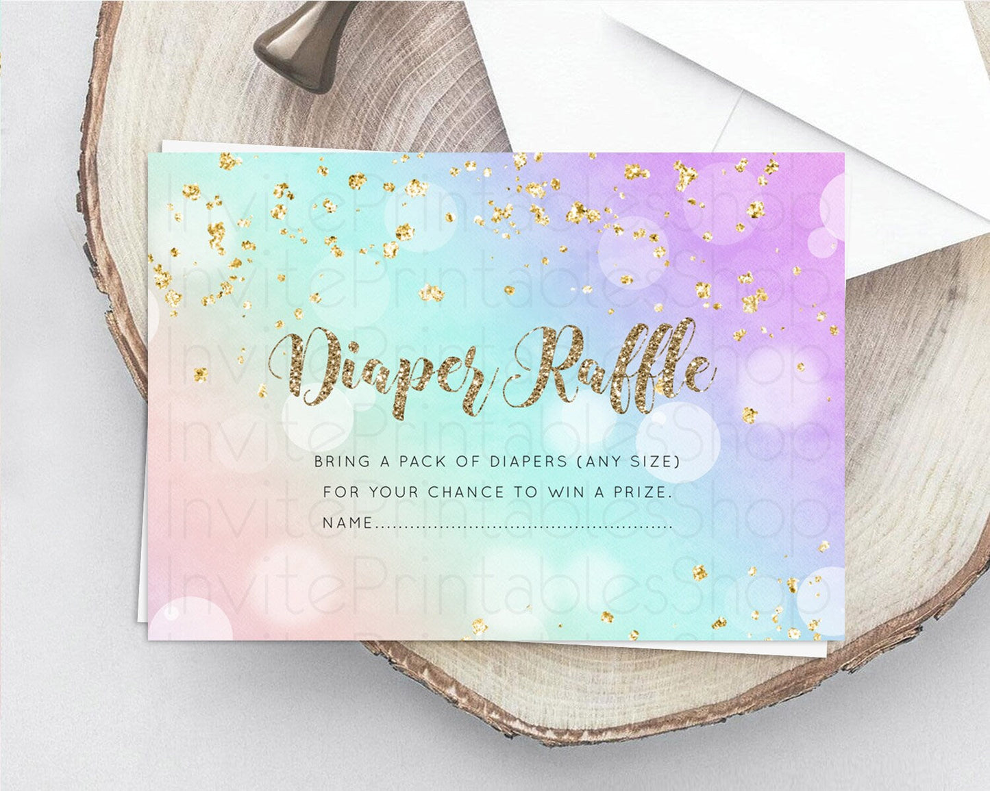 Pastel Diaper Raffle Card Pastel Rainbow Diaper Raffle Insert Colorful Ombre Watercolor Diaper Ticket Confetti Glitter Raffle Game D10621