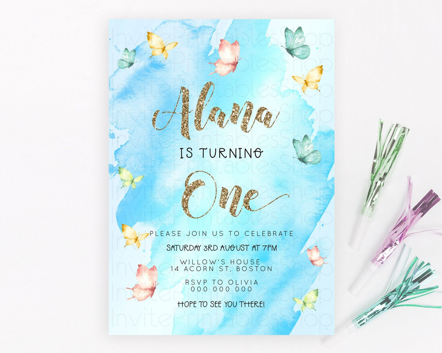 Blue Birthday Invitation Blue Watercolor Invitation Pastel Blue Watercolor Invitation Blue Splash Gold Invitation 1st First Birthday D23260