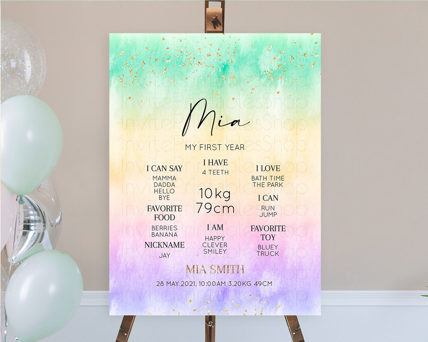Pastel First Birthday Milestone Board Pastel Rainbow Milestone Poster Colorful Confetti Watercolor Glitter 1st Birthday Welcome Sign D10481