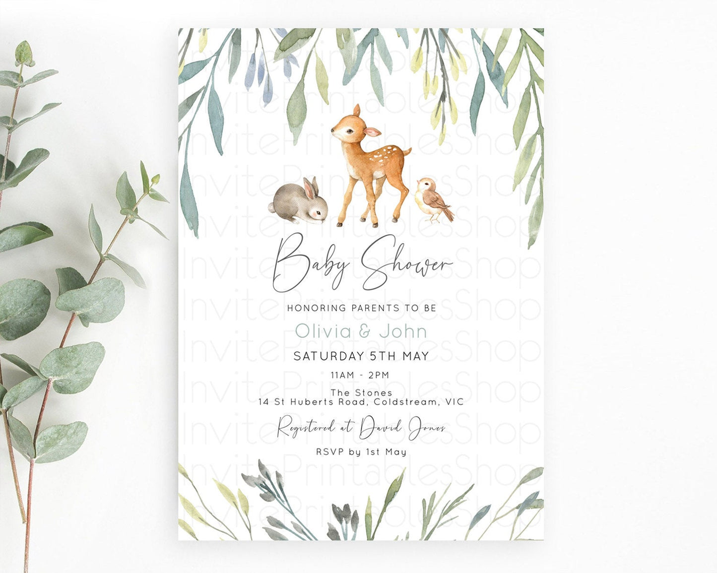 Enchanted Forest Baby Shower Invitation, Fawn, Deer with Soft Color Greenery, Whimsical Rustic Woodland Theme - Organic Pastel Green D10919