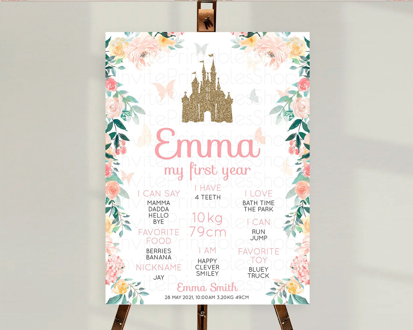 Princess First Birthday Milestone Poster Castle Milestone Board Secret Garden Enchanted Castle Pastel Floral Garden First Birthday D10429