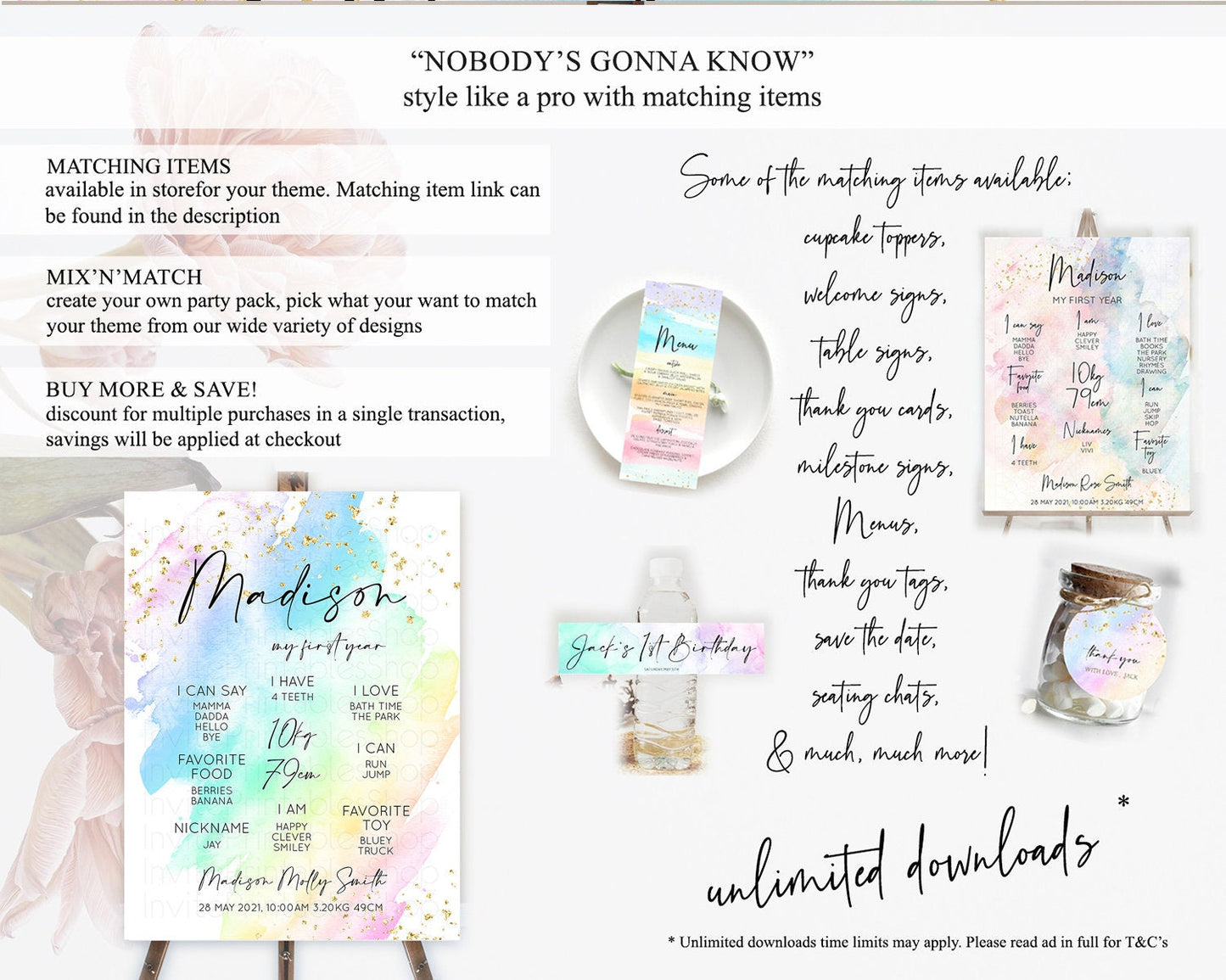 Pastel First Birthday Milestone Board Pastel Rainbow Milestone Poster Colorful Confetti Watercolor Glitter 1st Birthday Welcome Sign D10640