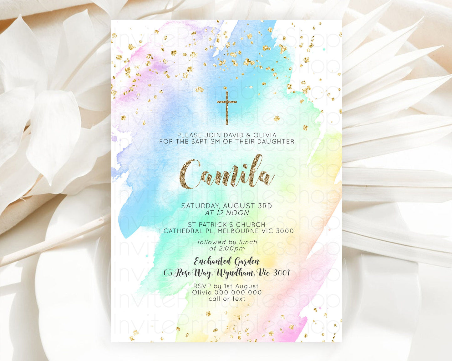 Pastel Baptism Invitation Pastel Colors Watercolor Baptism 1st Birthday Party Gold Ombre Pastel Rainbow Christening Holy Communion D10637