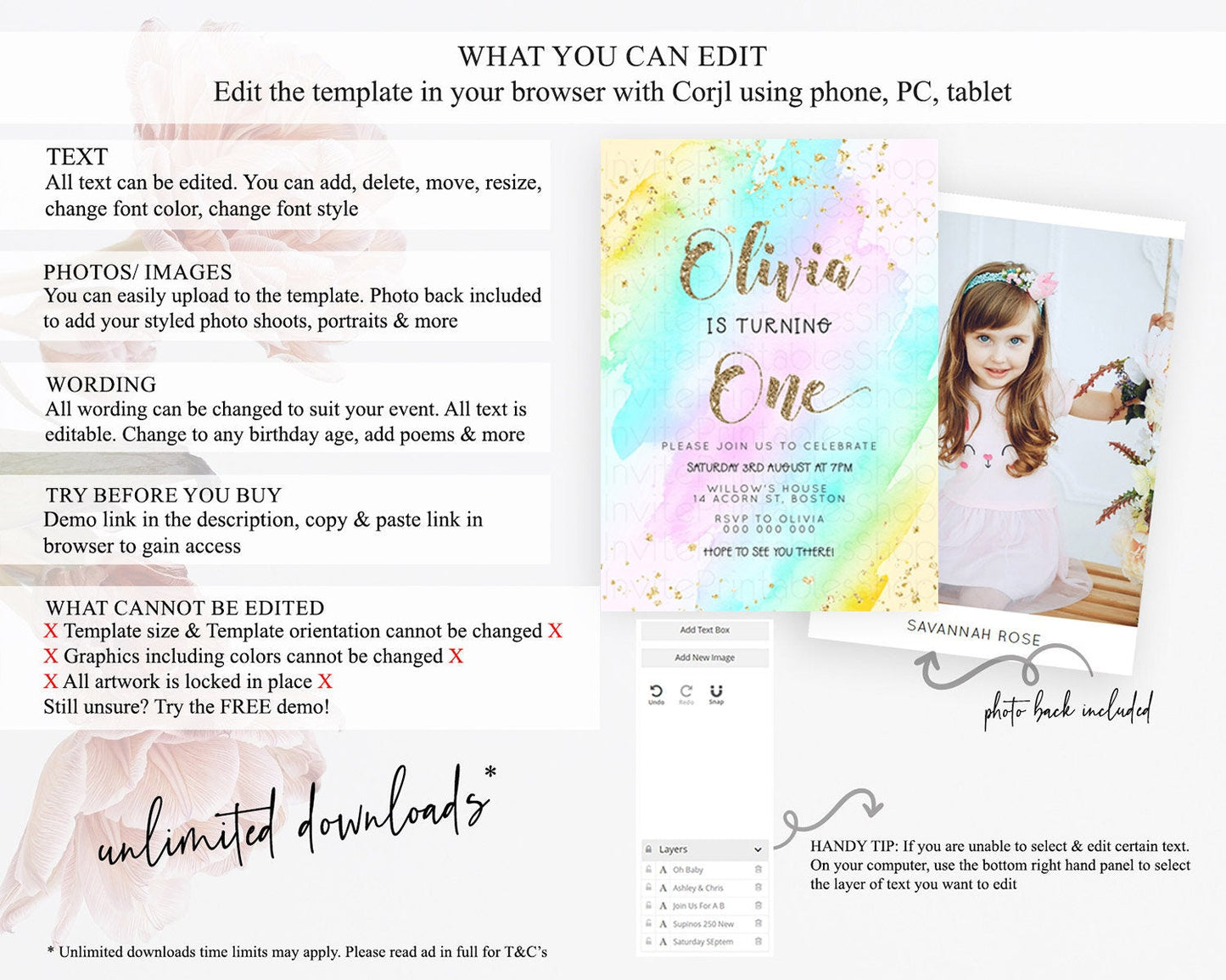 Rainbow Birthday Invitation Colorful Pastel Watercolor Invitation Gold Glitter Sprinkles Ombre Pastel 1st 2nd 3rd Birthday D23285