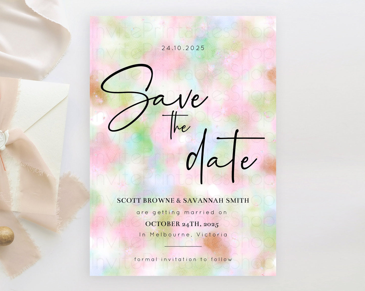 Pastel Save The Date Template Pastel Ombre Rainbow Watercolor Colorful Party For Birthday Baptism Baby Shower Wedding Bridal Shower D10698