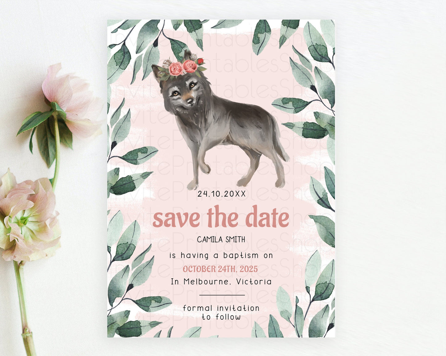 Wolf Save The Date Template Pastel Floral Wolf Party Forest Adventure Wilderness Theme 1st Birthday Baptism Christening Baby Shower D10535