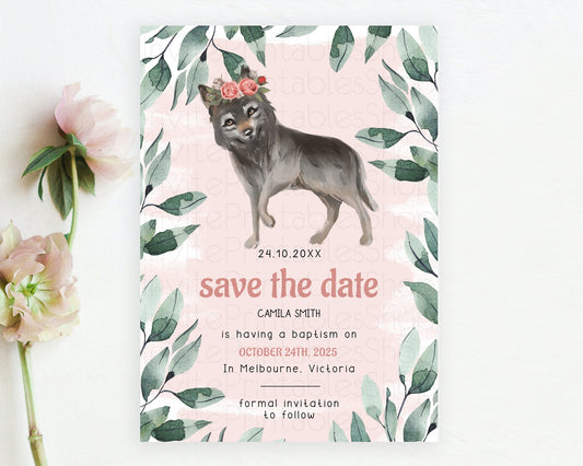 Wolf Save The Date Template Pastel Floral Wolf Party Forest Adventure Wilderness Theme 1st Birthday Baptism Christening Baby Shower D10535