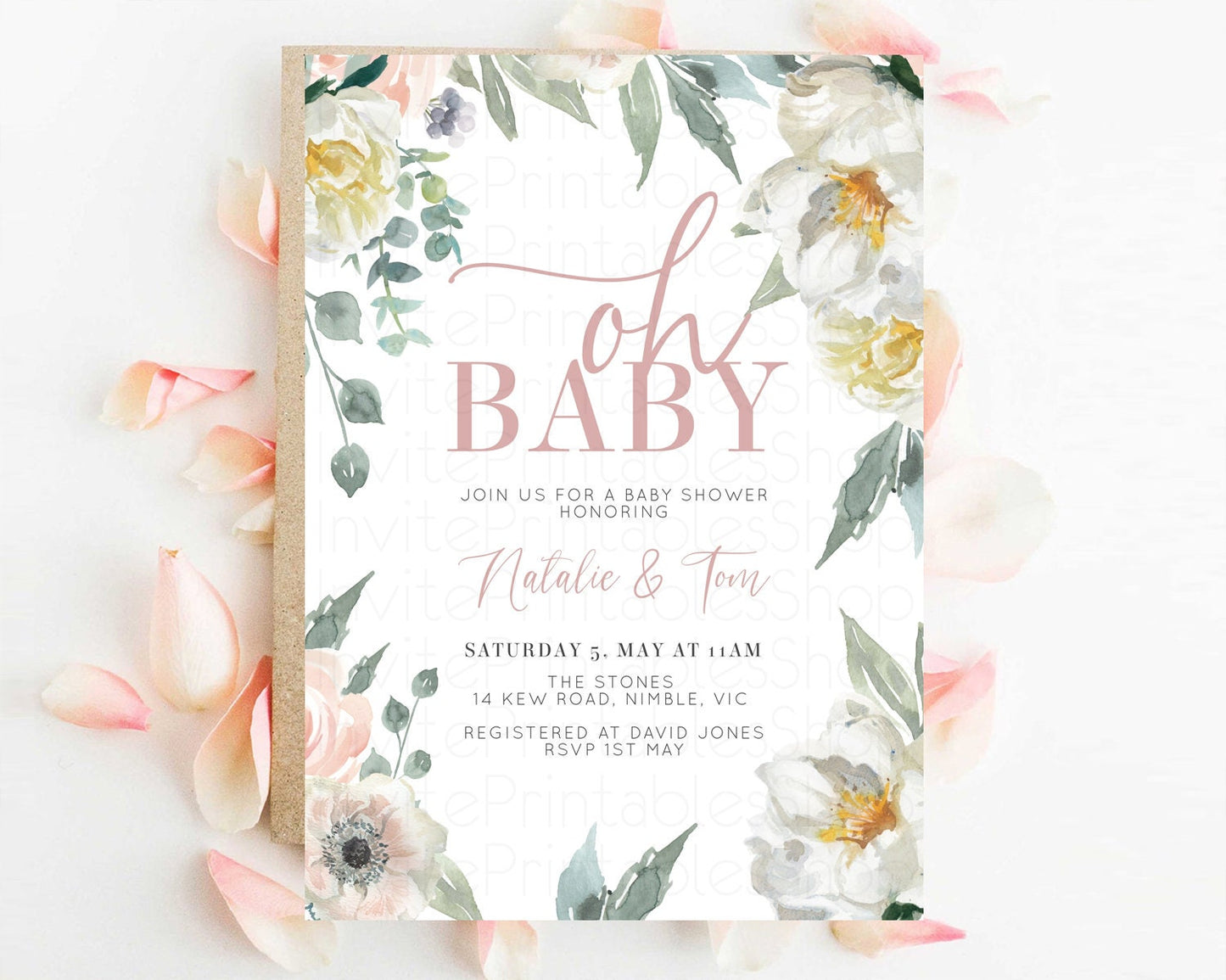 White Florals Baby Shower Invitation Secret Garden Whimsical Enchanted Fairytale Forest Wreath Watercolor Spring Flowers Invite W108