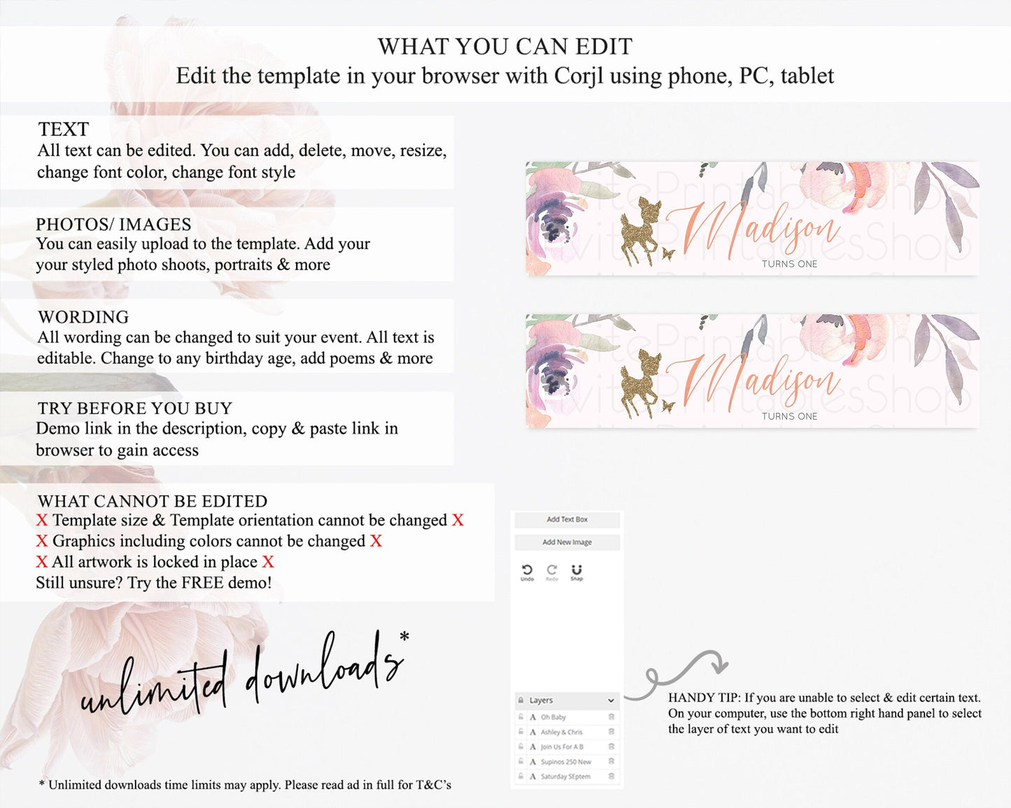 Fawn Deer Water Label Template Pastel Floral Deer Enchanted Forest Butterfly Party Decor Birthday Baptism Baby Shower Bridal Shower D10196