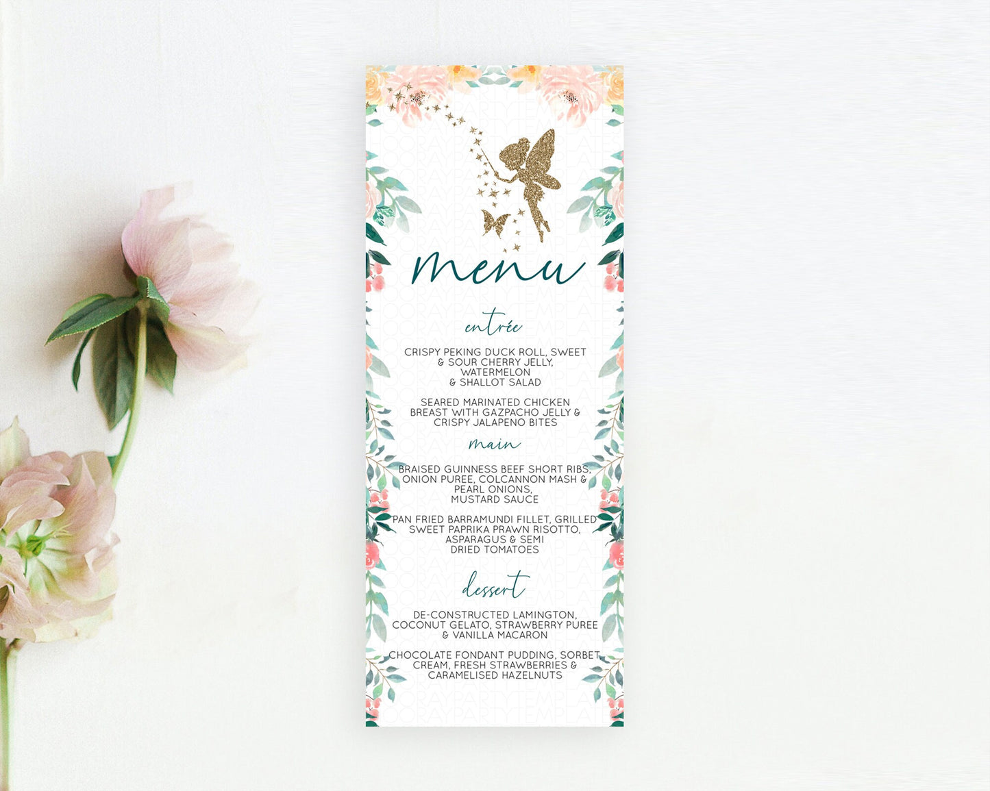 Fairy Menu Fairy Menu Template Enchanted Garden Pastel Floral Butterfly Table Décor Fairy Secret Garden Dinner Dessert Food Menu D10239