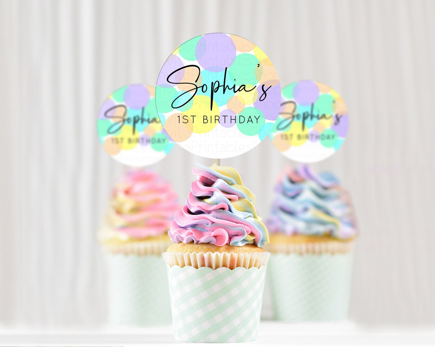 Pastel Cupcake Toppers Pastel Confetti Cupcake Topper Bubbles Sprinkles Colorful Rainbow Confetti Cupcake First Birthday Party Décor D10412