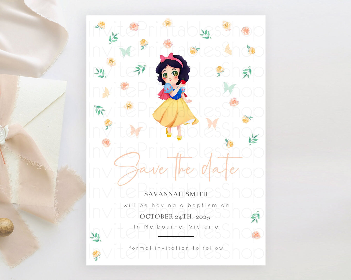 Princess Save The Date Template Secret Garden Enchanted Castle Pastel Floral Royal Party For 1st Birthday Baptism Baby Shower D10356