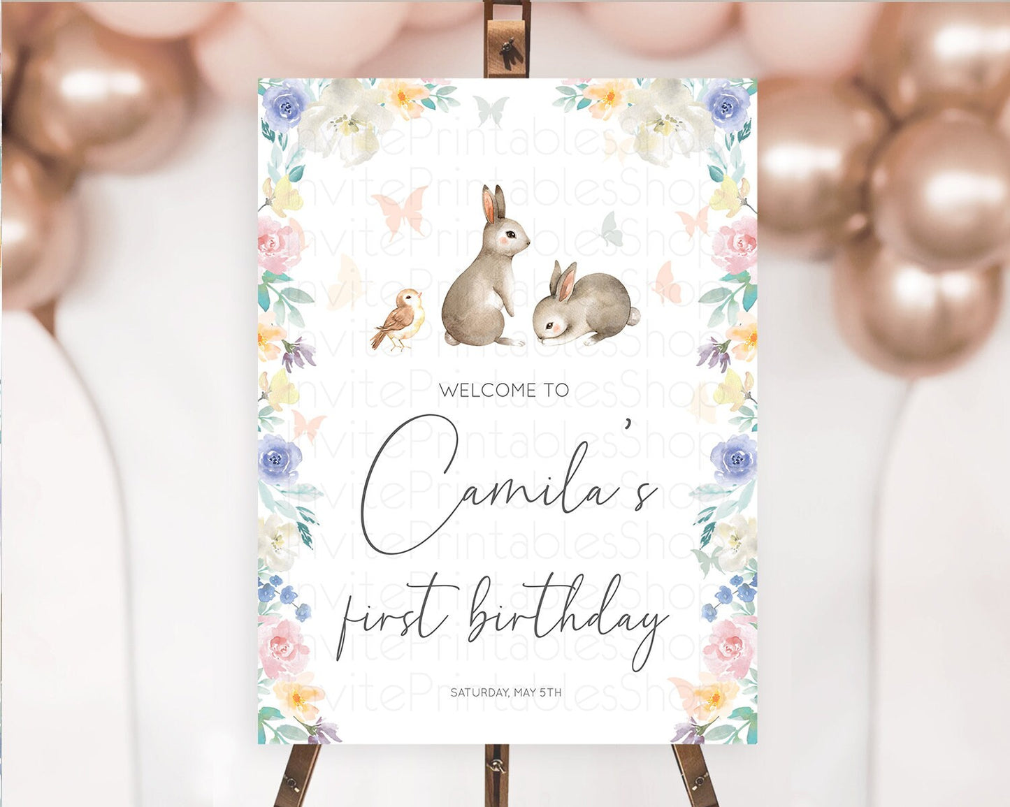 Bunny Welcome Sign Floral Bunny Welcome Board Pastel Flowers Woodland Bunny Welcome Poster Forest Bunny First Birthday Welcome Sign D10928