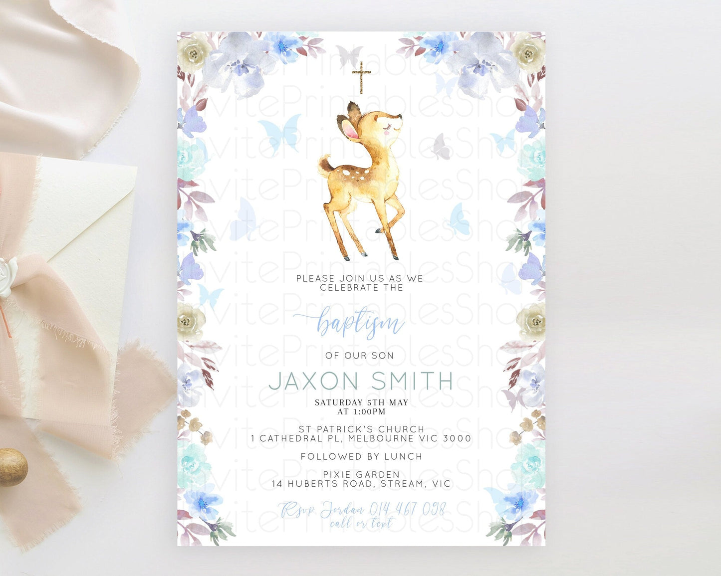 Fawn Baptism Invitation Deer Baptism 1st Birthday Invitation Enchanted Forest Christening Invitation Pastel Garden Butterfly Floral D10960