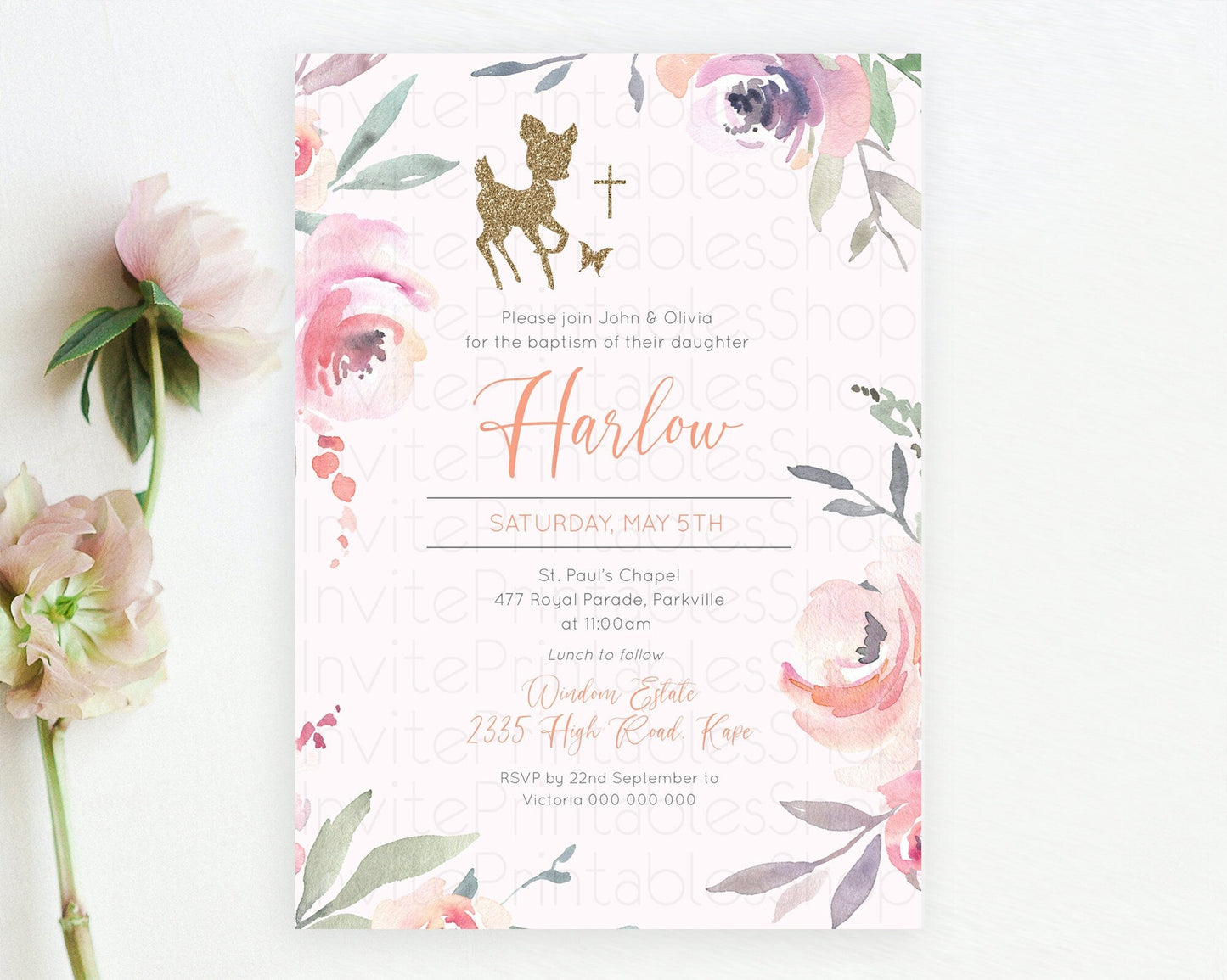 Fawn Baptism Invitation Deer Baptism 1st Birthday Invitation Enchanted Forest Christening Invitation Pastel Garden Butterfly Floral D10196