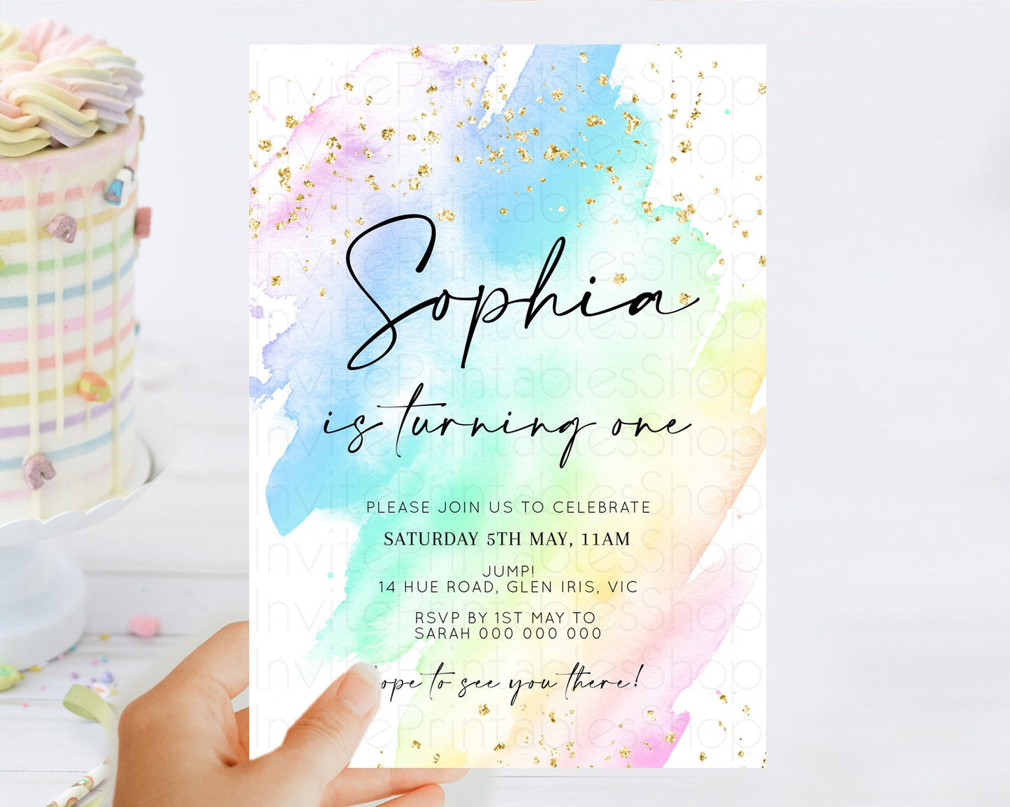 Rainbow Birthday Invitation Colorful Pastel Watercolor Invitation Gold Glitter Sprinkles Ombre Pastel 1st 2nd 3rd Birthday D10640