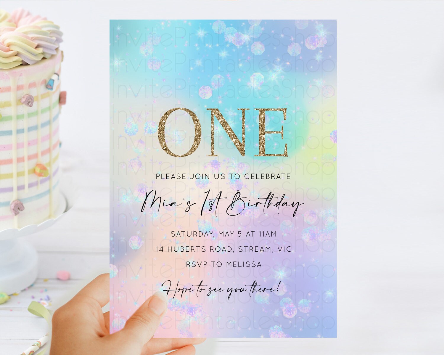 Editable Rainbow Birthday Invitation Colorful Pastel Watercolor Invitation G