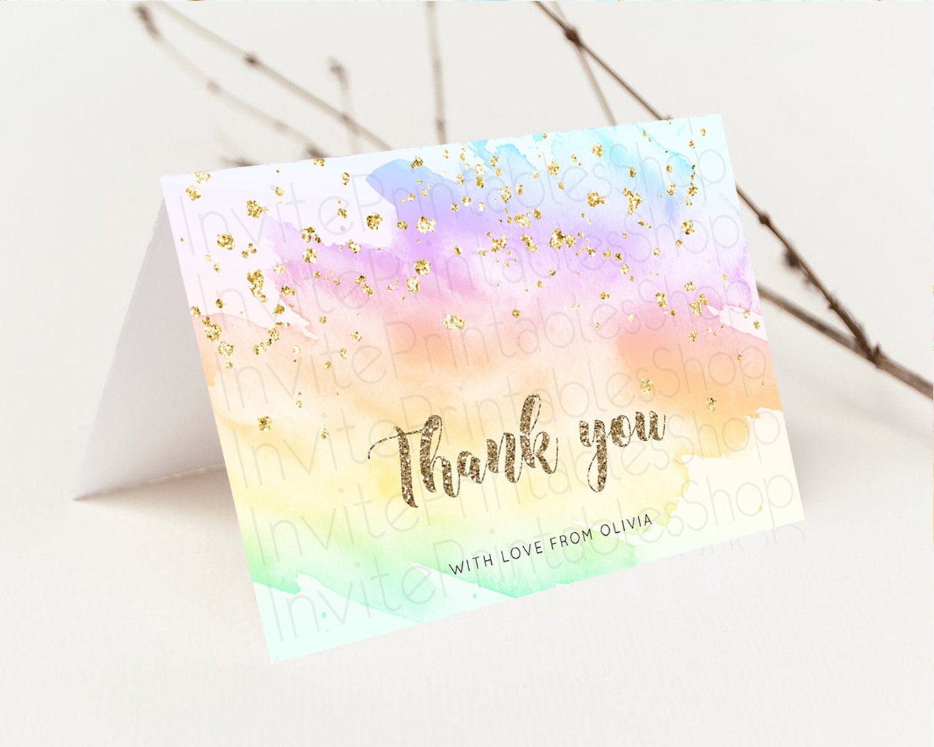 Pastel Rainbow Thank you Colorful Watercolor Gift Cards Splash Gold Glitter Card Birthday Engaged Baby Shower Wedding Folded/ Postcard g602
