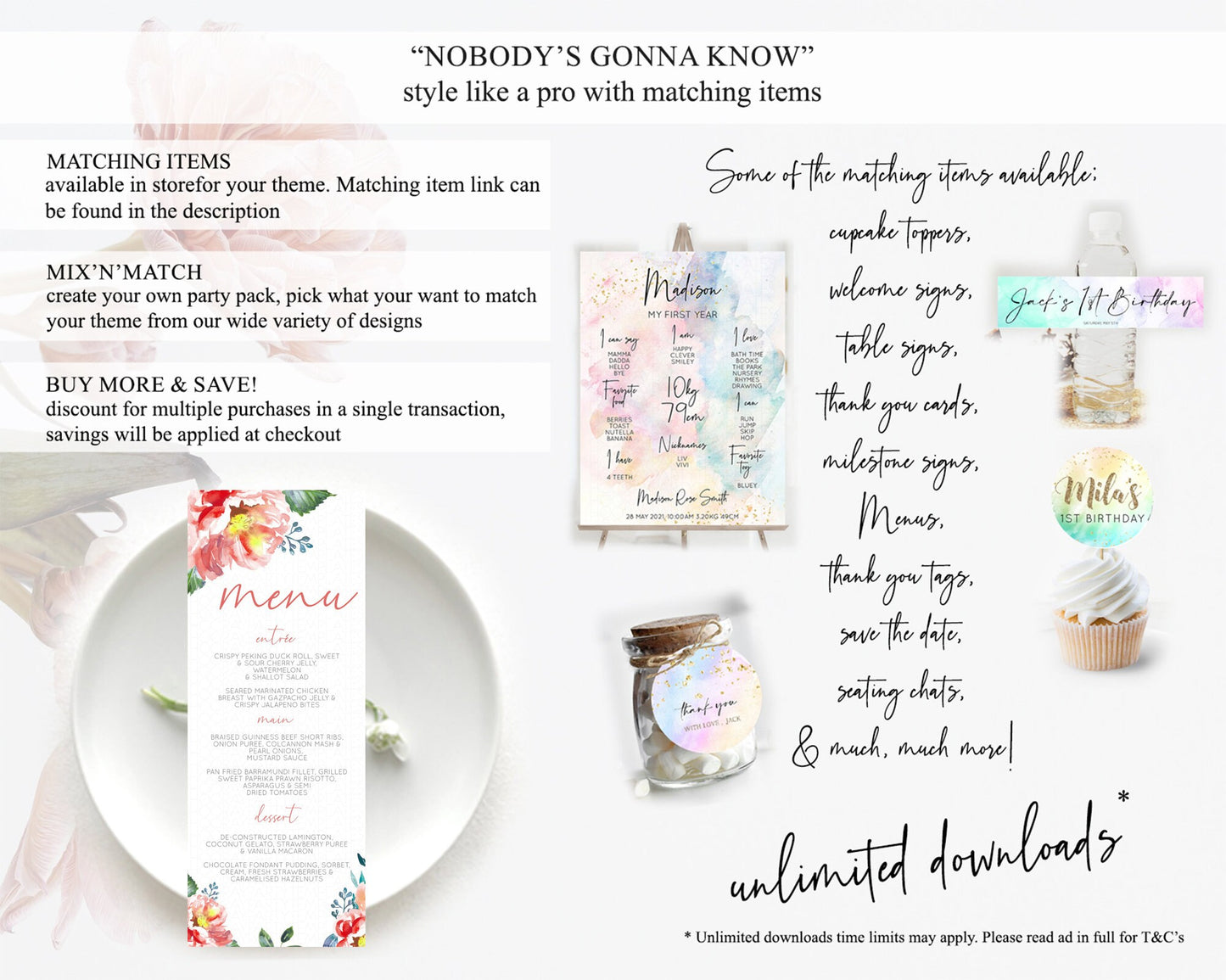 Secret Garden Menu Wildflower Menu Template Pastel Flower Garden Table Decor Boho Floral Dinner Dessert Floral Party Food Menu D10751