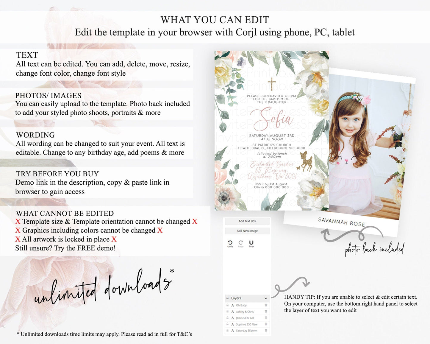 Fawn Baptism Invitation Deer Baptism 1st Birthday Invitation Enchanted Forest Christening Invitation Pastel Garden Butterfly Floral D10120