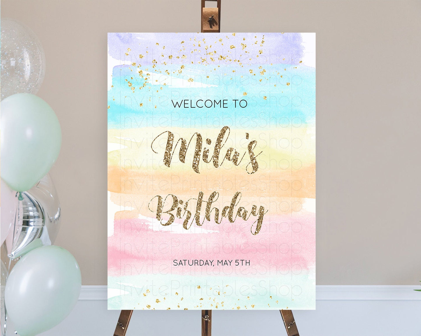 Pastel Welcome Sign Pastel Rainbow Welcome Sign Colorful Rainbow Confetti Watercolor Glitter Pastel First Birthday Welcome Sign D10508