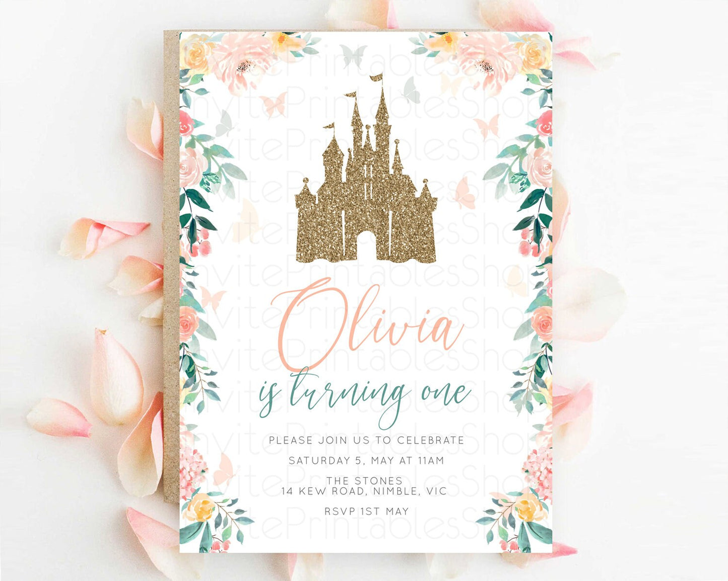 Princess Birthday Invitation Castle Invitation Royal Birthday Fairy Tale Enchanted Castle Pastel Floral Garden 1st First Birthday D10925