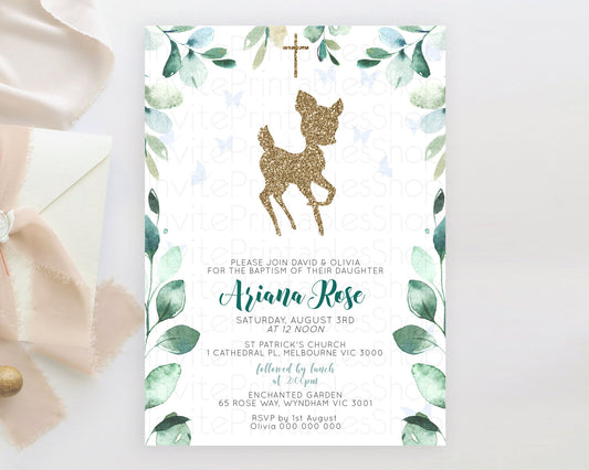 Fawn Baptism Invitation Deer Baptism 1st Birthday Invitation Enchanted Forest Christening Invitation Pastel Garden Butterfly Floral D10882