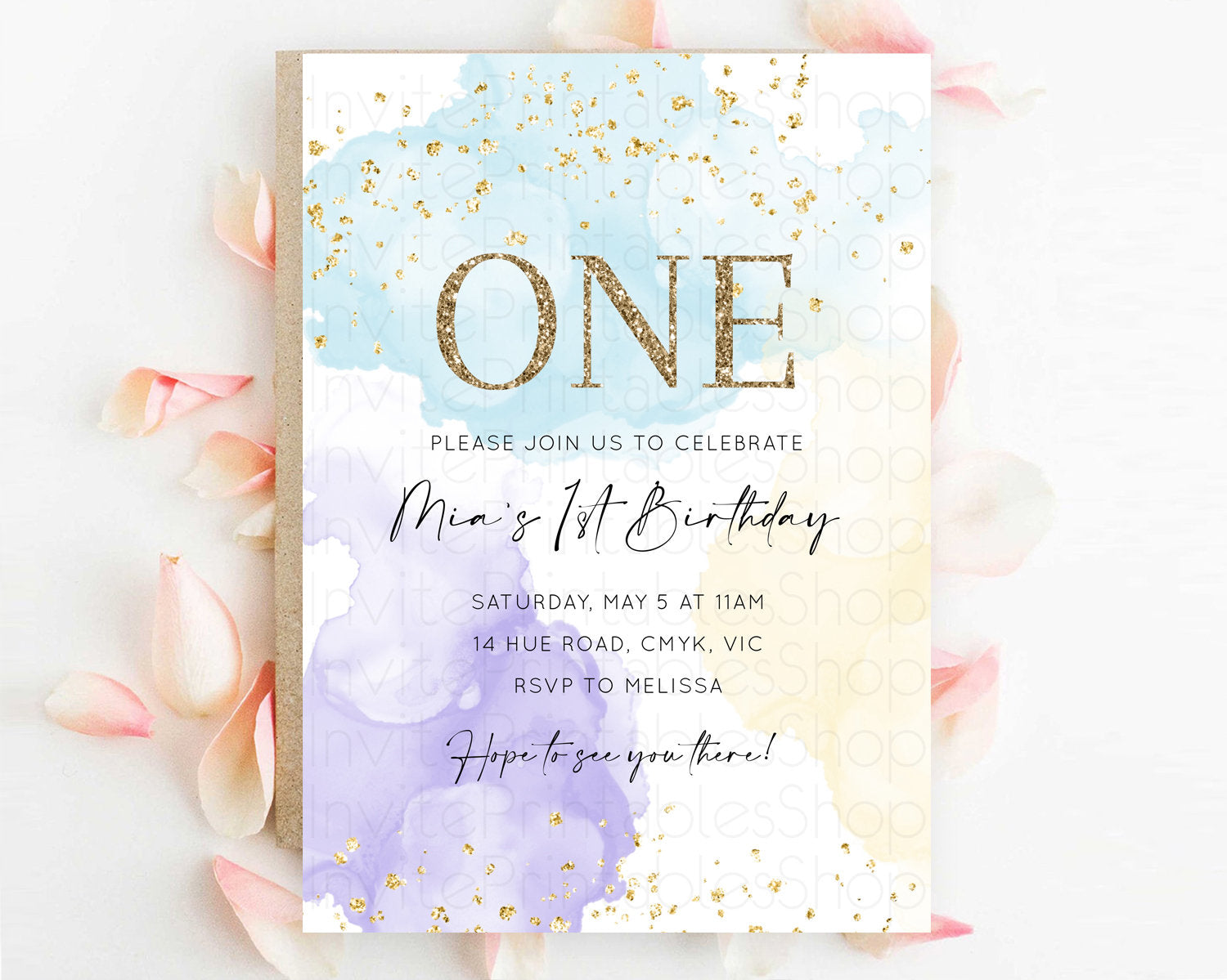 Editable Rainbow Birthday Invitation Colorful Pastel Watercolor Invitation G