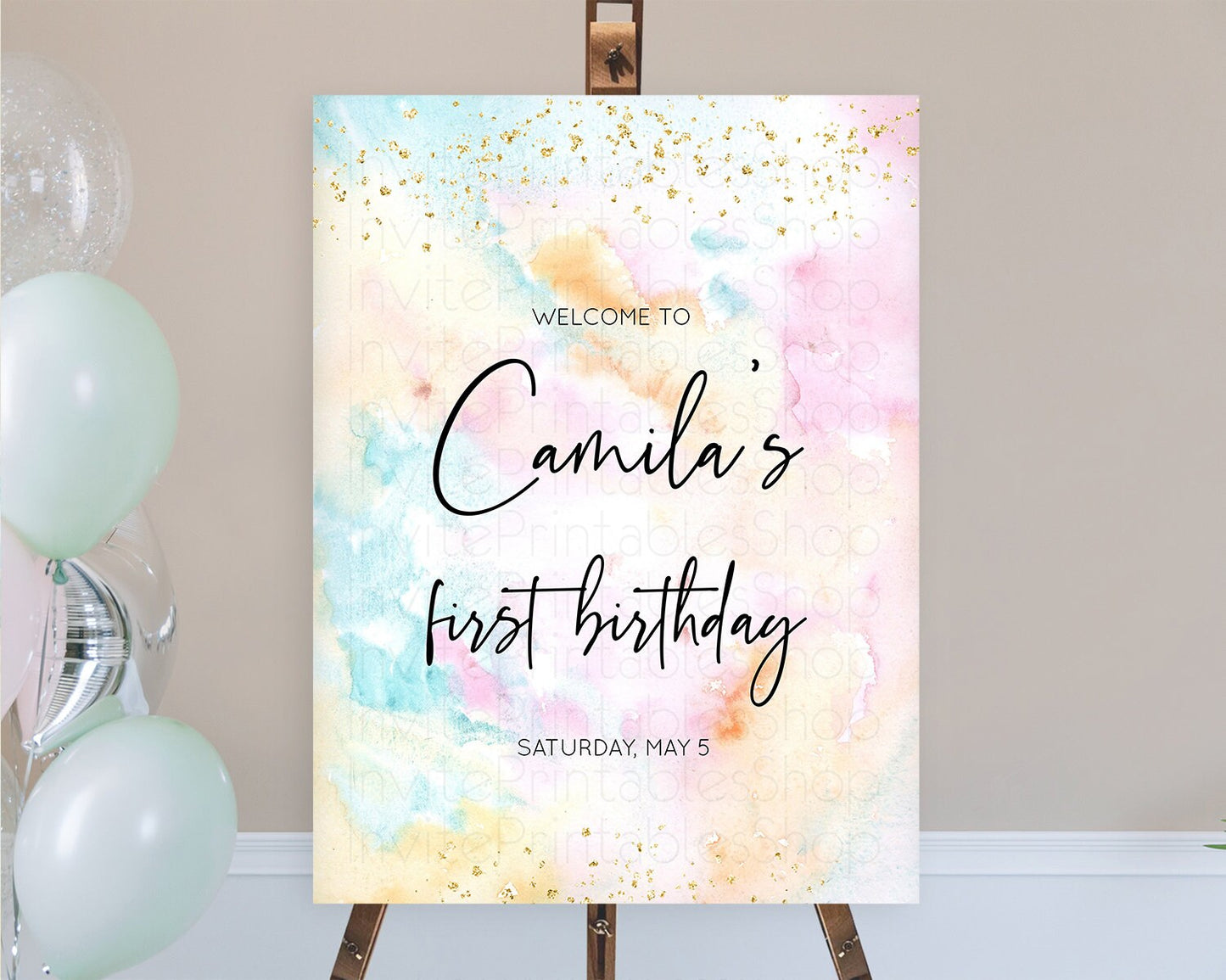 Pastel Welcome Sign Pastel Rainbow Welcome Sign Colorful Rainbow Confetti Watercolor Glitter Pastel First Birthday Welcome Sign D10548