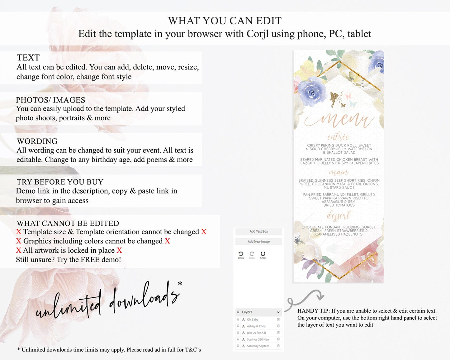 Fairy Menu Fairy Menu Template Enchanted Garden Pastel Floral Butterfly Table Decor Fairy Secret Garden Dinner Dessert Food Menu D10829