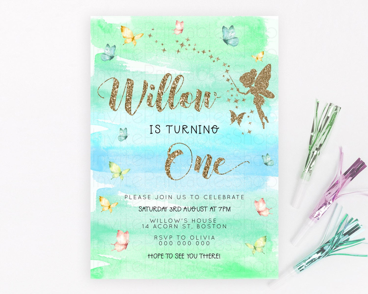 Pastel Fairy Birthday Invitation Pastel Butterflies Fairy Birthday Invitation Rainbow Ombre Watercolor 1st 2nd Birthday Invitation D23323