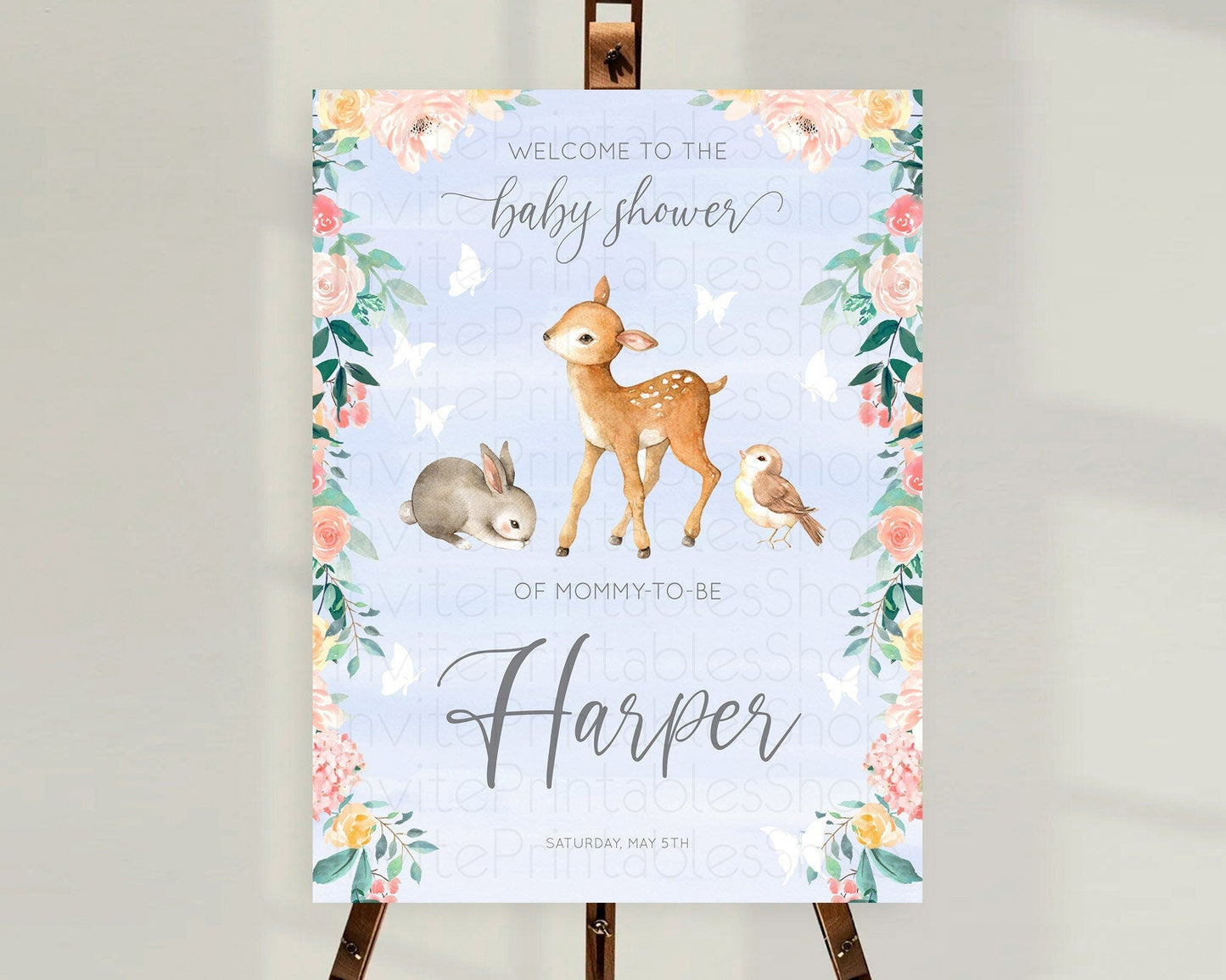 Fawn Baby Shower Welcome Sign Deer Welcome Board Floral Deer Welcome Poster Enchanted Forest Butterfly Pastel Floral Welcome Sign D10920