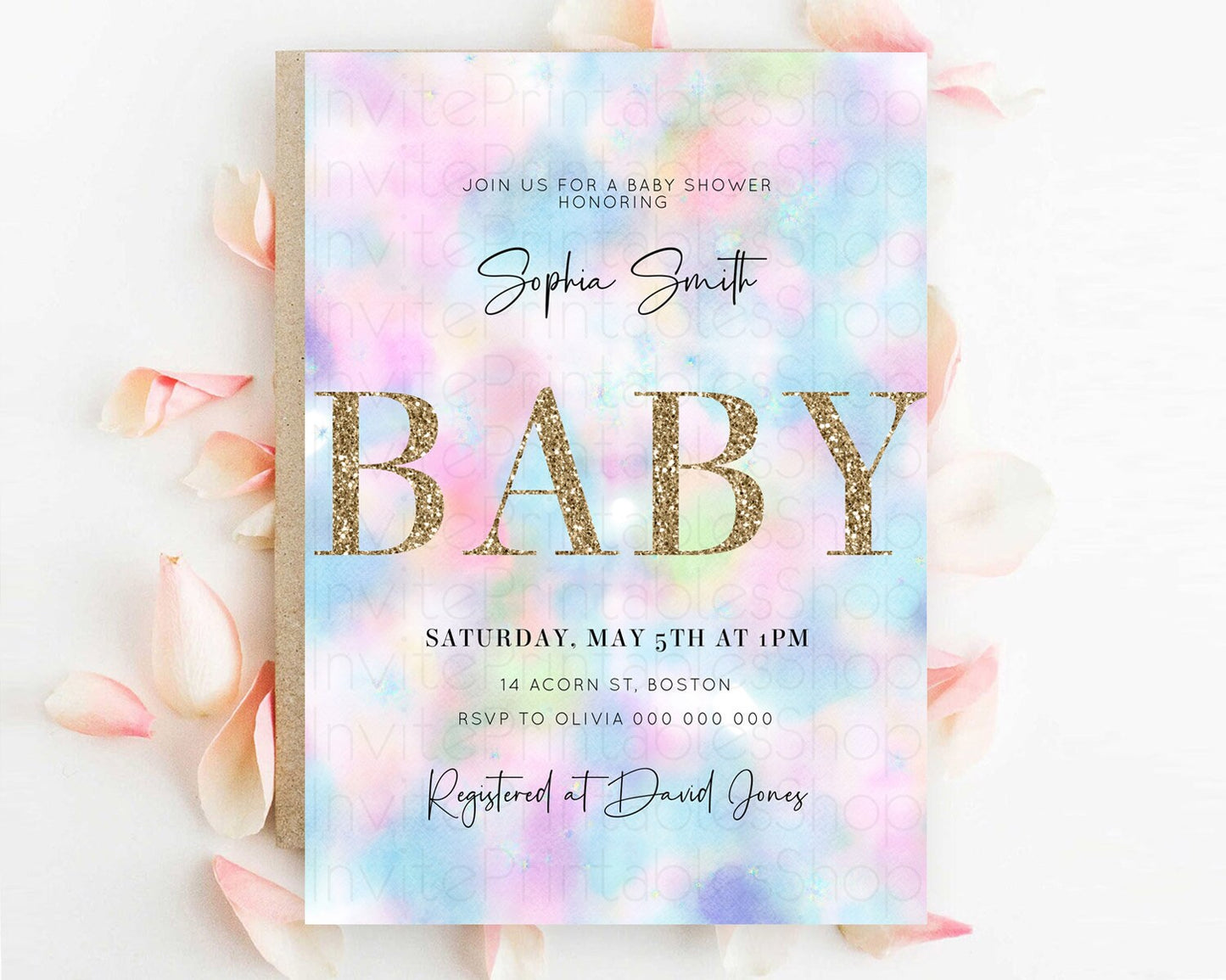 Pastel Baby Shower Invitation Rainbow Baby Shower Invitation Colorful Pastel Watercolor Invitation Gold Glitter Sprinkles Ombre D10694