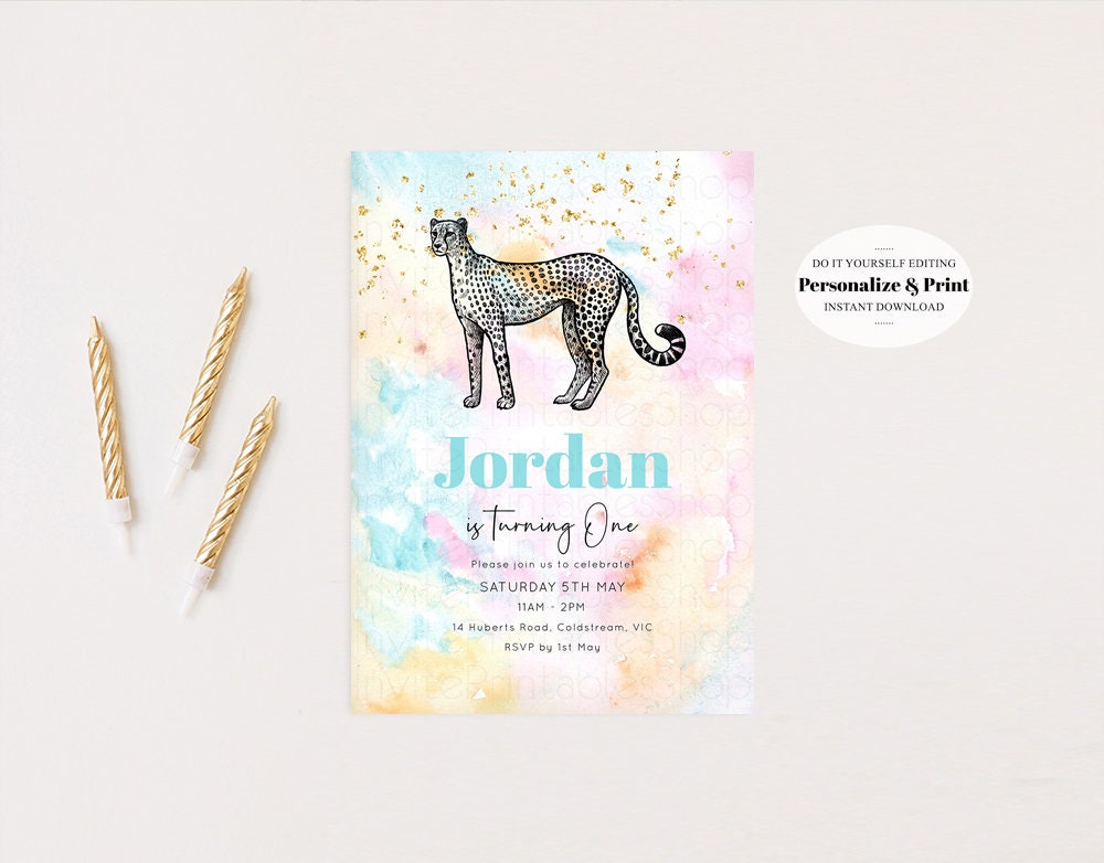 Rainbow Cheetah Birthday Invitation Pastel Cheetah Invite Colorful Cheetah Invite Cheetah Invitation Gold Glitter Sprinkles Invite