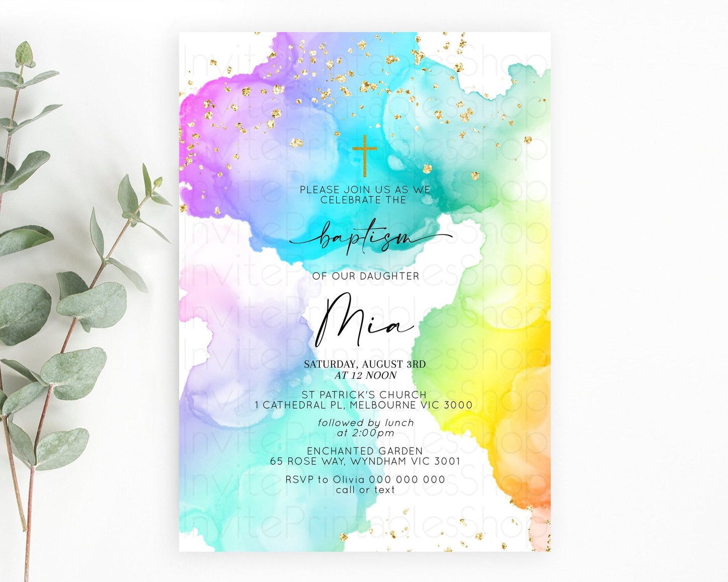 Pastel Baptism Invitation Pastel Colors Watercolor Baptism 1st Birthday Party Gold Ombre Pastel Rainbow Christening Holy Communion D10213