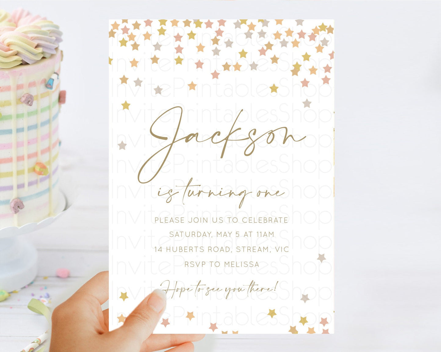 Star Birthday Invitation Pastel Stars Invite Shooting Star Party Rainbow Colorful Confetti Twinkle Little Star 2nd First Birthday D10342