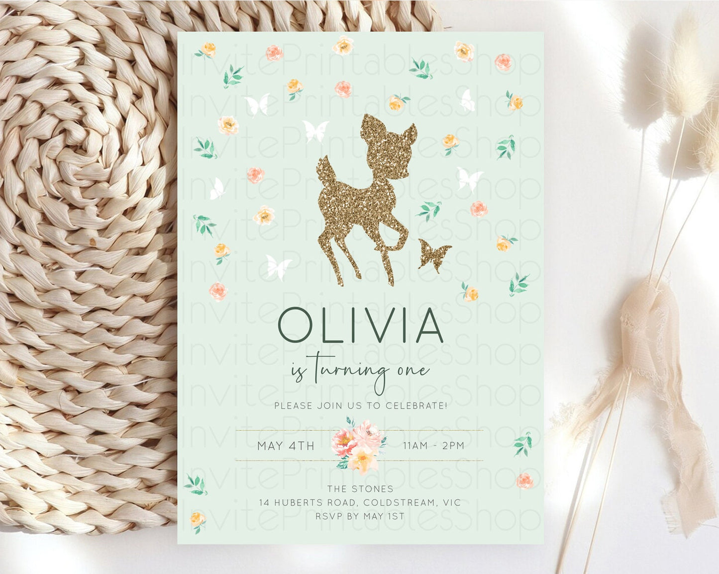 Fawn Birthday Invitation Deer Birthday Invitation Enchanted Forest Party Butterfly Pastel Flowers Whimsical 2nd 1st First Birthday D10385