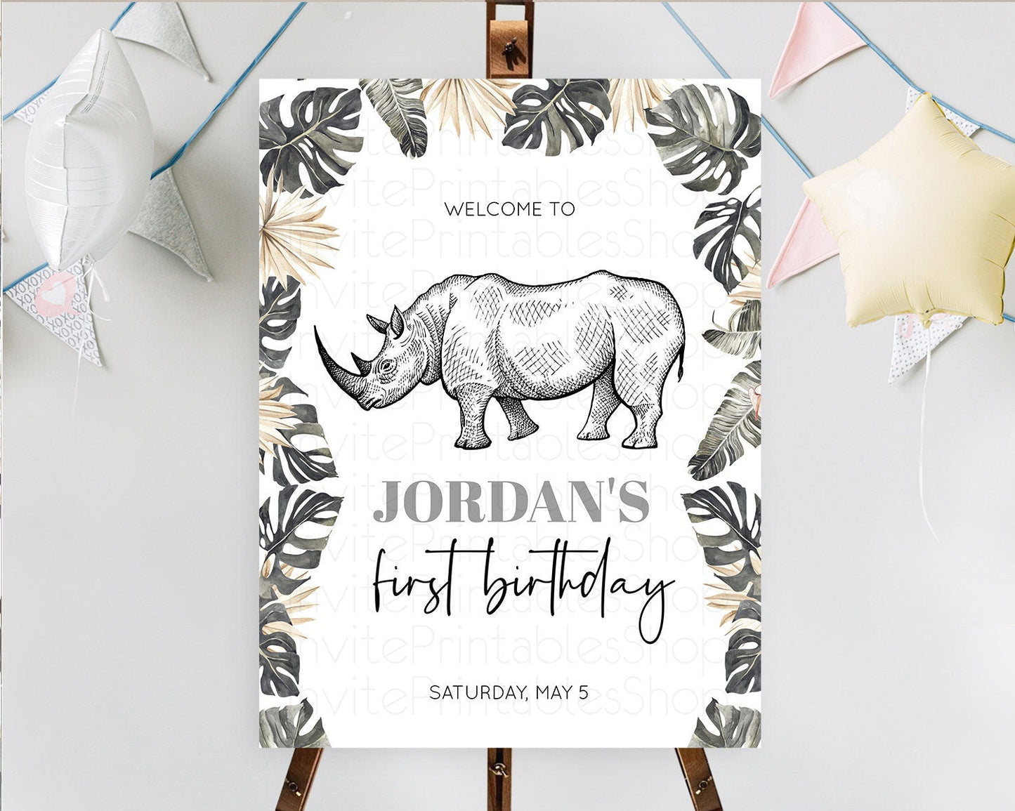 Rhino Welcome Sign Rhino Welcome Board Rhino Welcome Poster Dried Palm Fern Safari Party Decor Rhino First Birthday Welcome Sign D10826