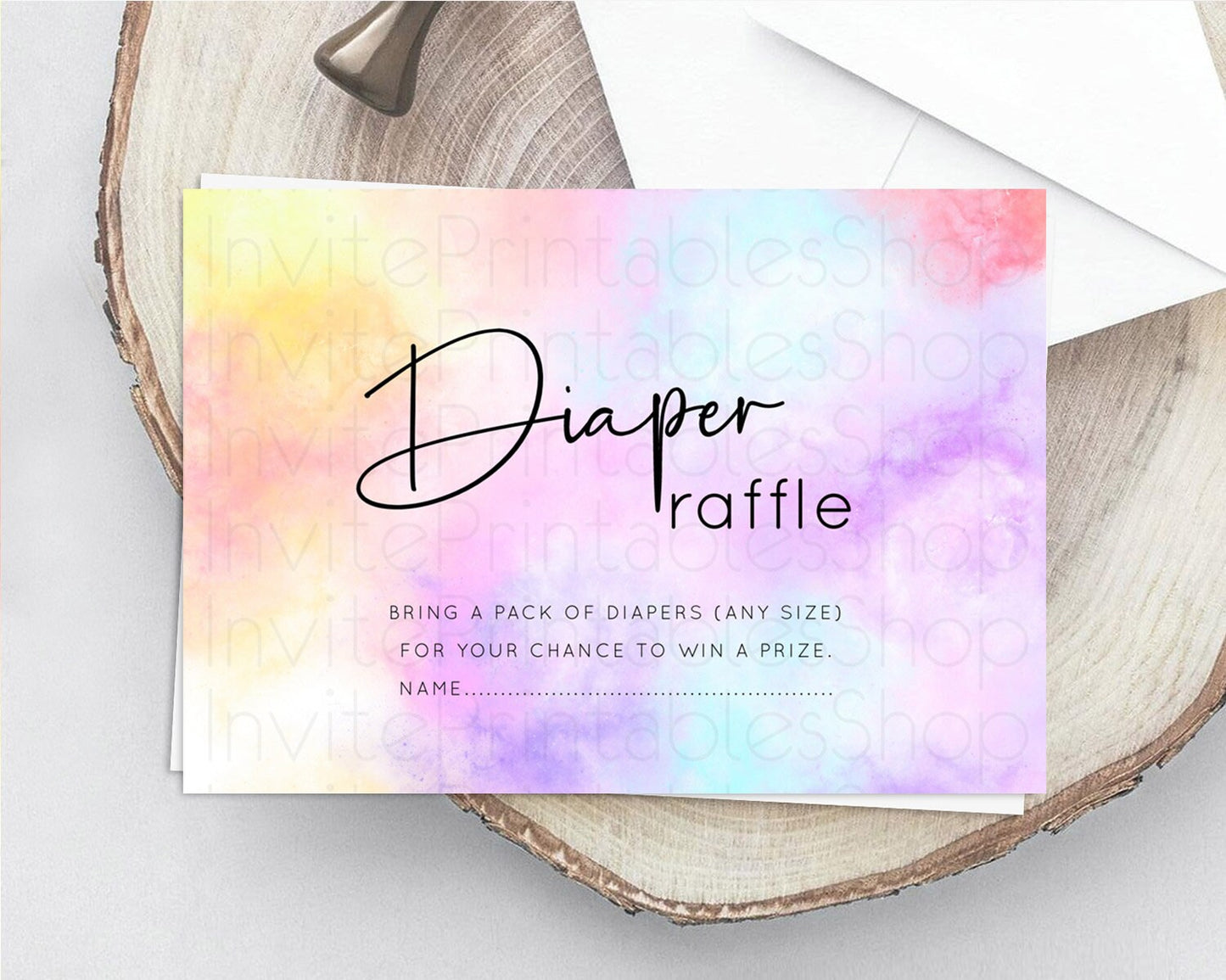 Pastel Diaper Raffle Card Pastel Rainbow Diaper Raffle Insert Colorful Ombre Watercolor Diaper Ticket Confetti Glitter Raffle Game D10438