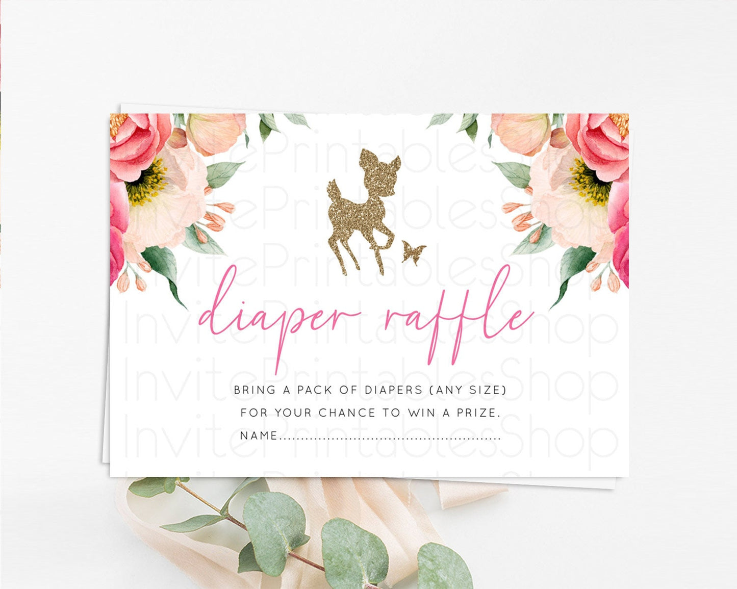 Fawn Diaper Raffle Card Deer Diaper Insert Floral Deer Diaper Ticket Enchanted Forest Butterfly Pastel Baby Shower Raffle Game D10326