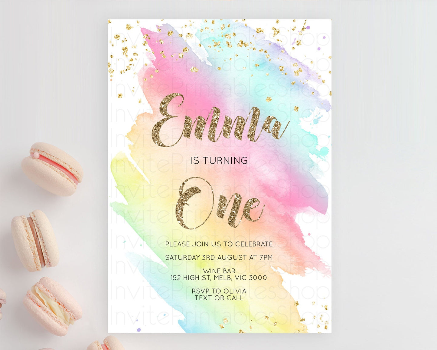 Rainbow Birthday Invitation Colorful Pastel Watercolor Invitation Gold Glitter Sprinkles Ombre Pastel 1st 2nd 3rd Birthday D10495
