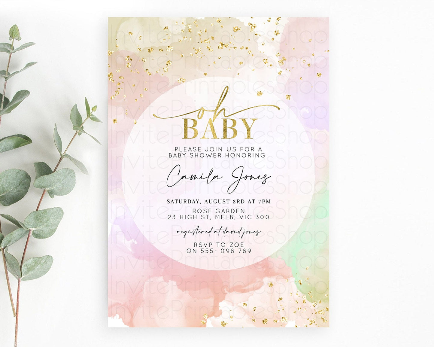 Editable Pastel Rainbow Baby Shower Invitation, Colorful Watercolor with Gol