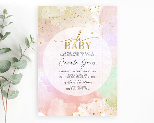 Editable Pastel Rainbow Baby Shower Invitation, Colorful Watercolor with Gol