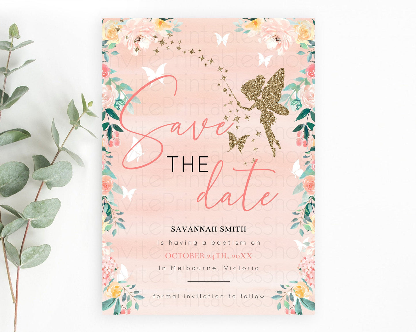 Fairy Save The Date Template Enchanted Garden Pastel Floral Butterfly Party Secret Garden Birthday Baptism Baby Shower Bridal Shower D10792