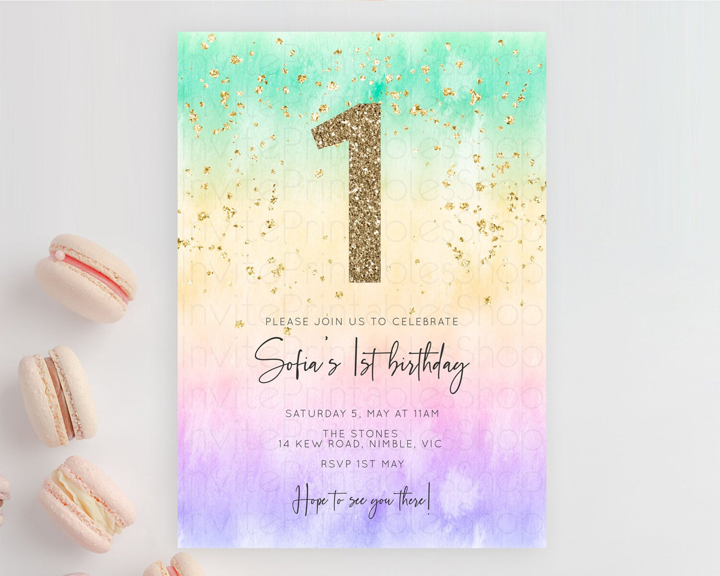 Rainbow Birthday Invitation Colorful Pastel Watercolor Invitation Gold Glitter Sprinkles Ombre Pastel 1st 2nd 3rd Birthday D10485