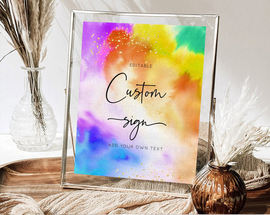 Editable Tie Dye Sign Ombre Table Sign Decor Rainbow Pastel Ombre Watercolor