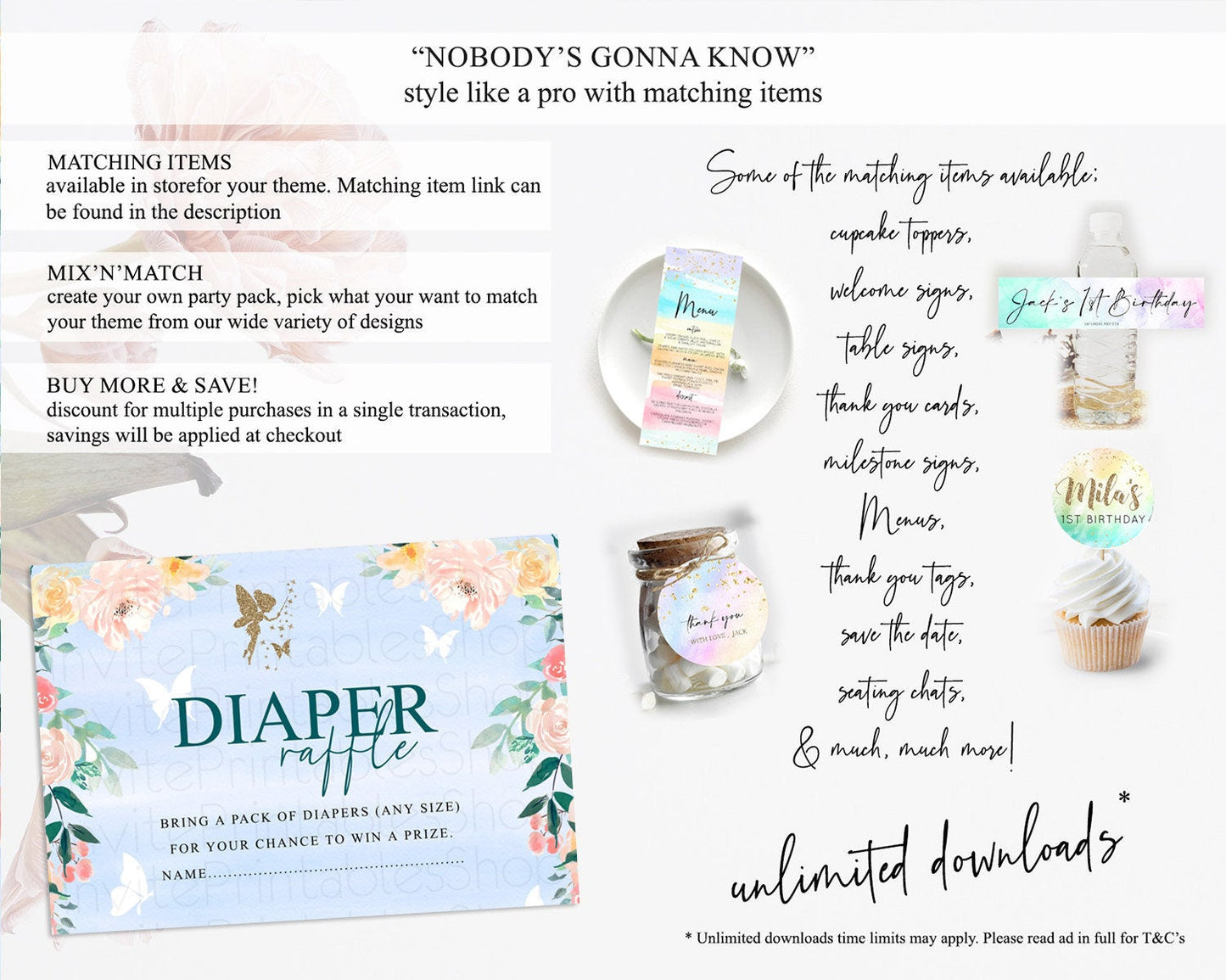 Fairy Diaper Raffle Card Fairy Diaper Insert Enchanted Garden Fairy Diaper Ticket Pastel Floral Butterfly Secret Garden Raffle Game D10794